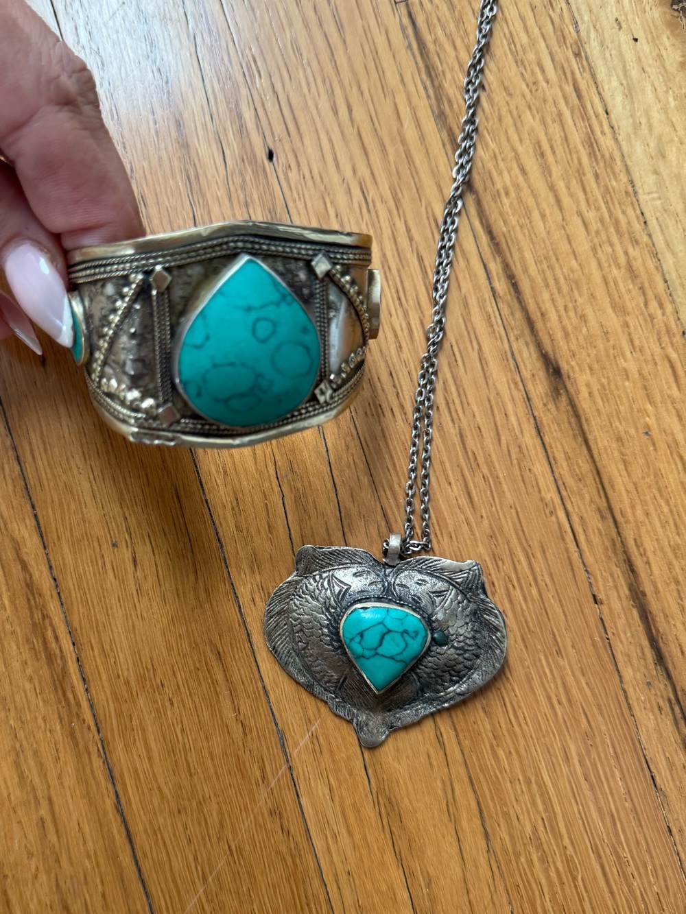 Vintage Turquoise and Silver-Tone Cuff Bracelet with Pendant Necklace